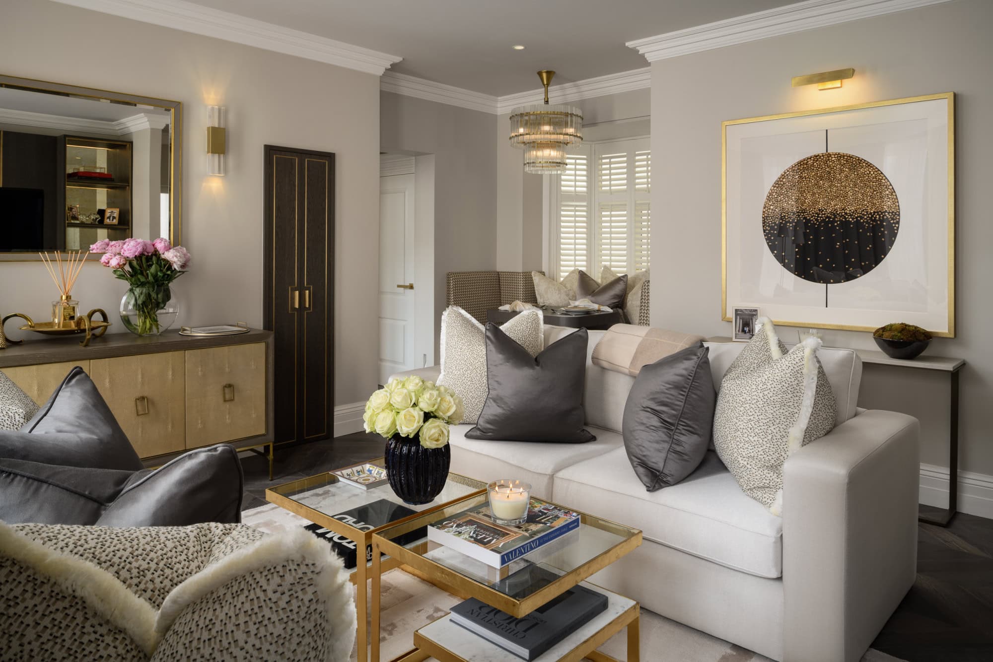 Elegant living room with neutral tones, modern decor, and stylish furniture for a sophisticated home.